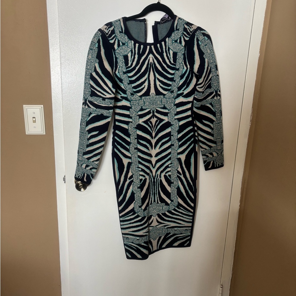 Herve Leger Black and White Zebra Long Sleeve Dress